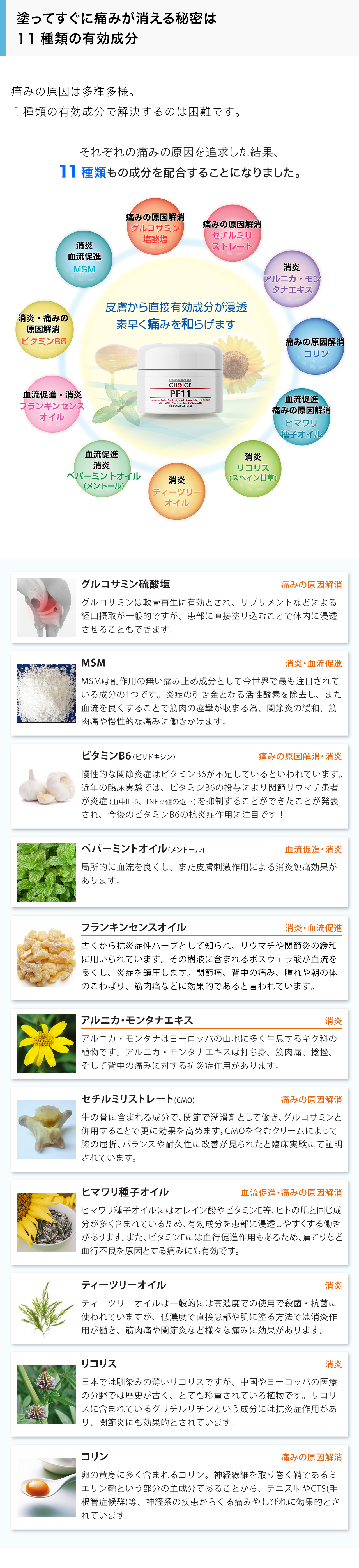 塗ってすぐに痛みが消える秘密は11種類の有効成分 痛みの原因は多種多様。１種類の有効成分で解決するのは困難です。それぞれの痛みの原因を追求した結果、11種類もの成分を配合することになりました。