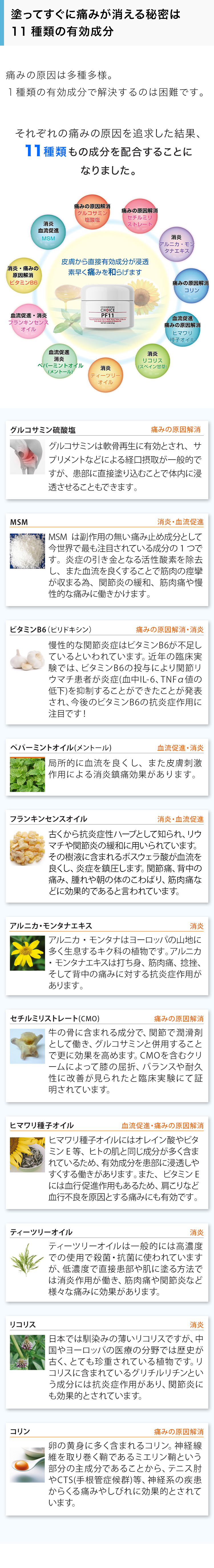 塗ってすぐに痛みが消える秘密は11種類の有効成分 痛みの原因は多種多様。１種類の有効成分で解決するのは困難です。それぞれの痛みの原因を追求した結果、11種類もの成分を配合することになりました。
