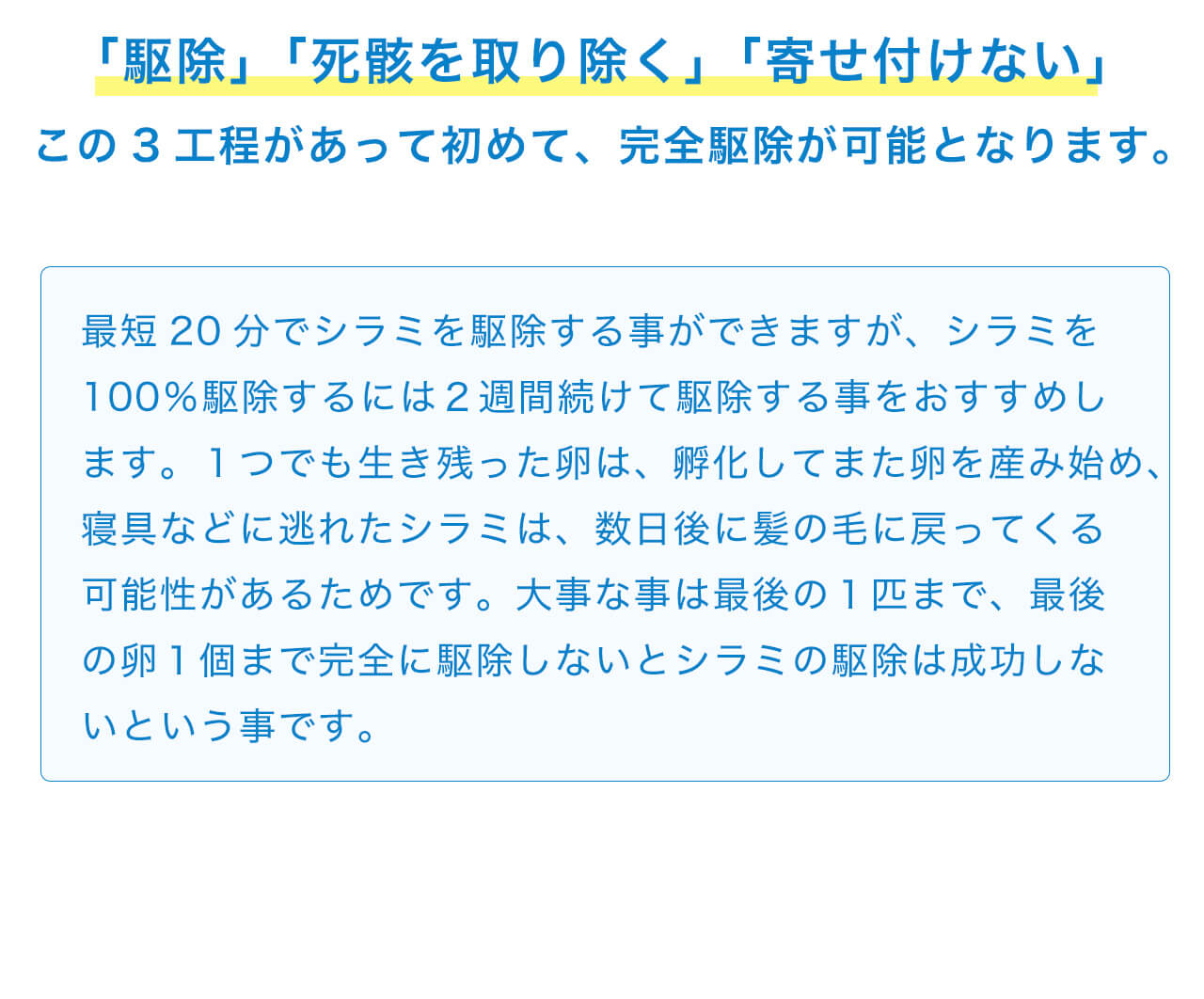 「駆除」「死骸を取り除く」「寄せ付けない」この3工程があって初めて、完全駆除が可能となります