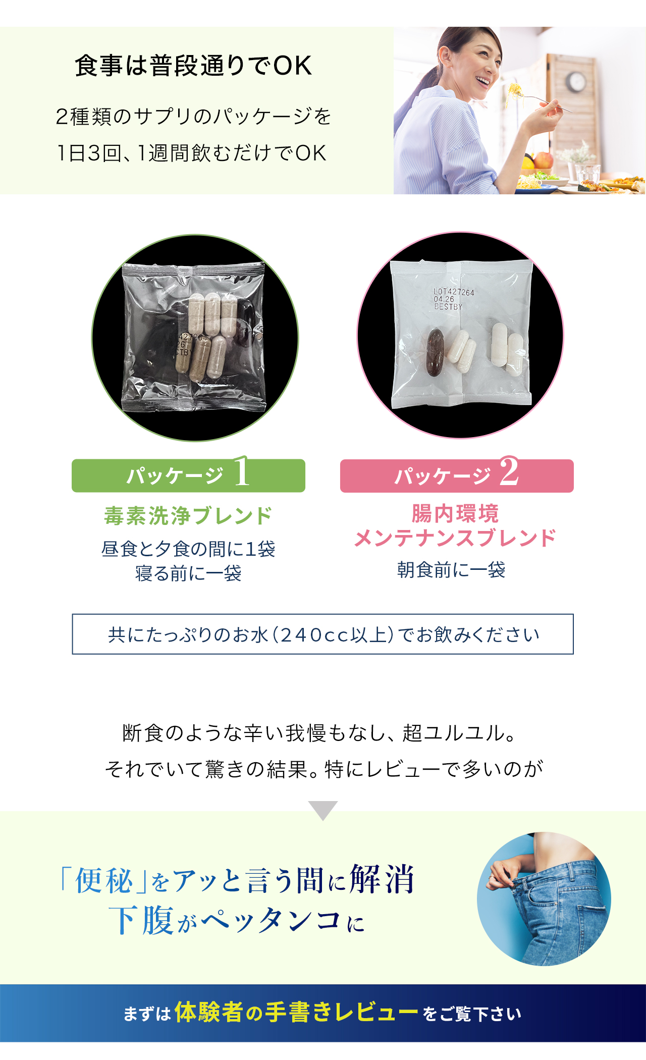腸内環境を整えるサプリメント「デトックスルー」。食事は普段通りでOK、2種類のサプリメントを1日3回、1週間飲むだけで効果が期待できます。1つは「毒素洗浄ブレンド」で、昼食と夕食の間、寝る前に服用。もう1つは「腸内環境メンテナンスブレンド」で、朝食前に服用します。断食のような辛い我慢は不要で、多くのレビューで便秘解消効果が報告されています。