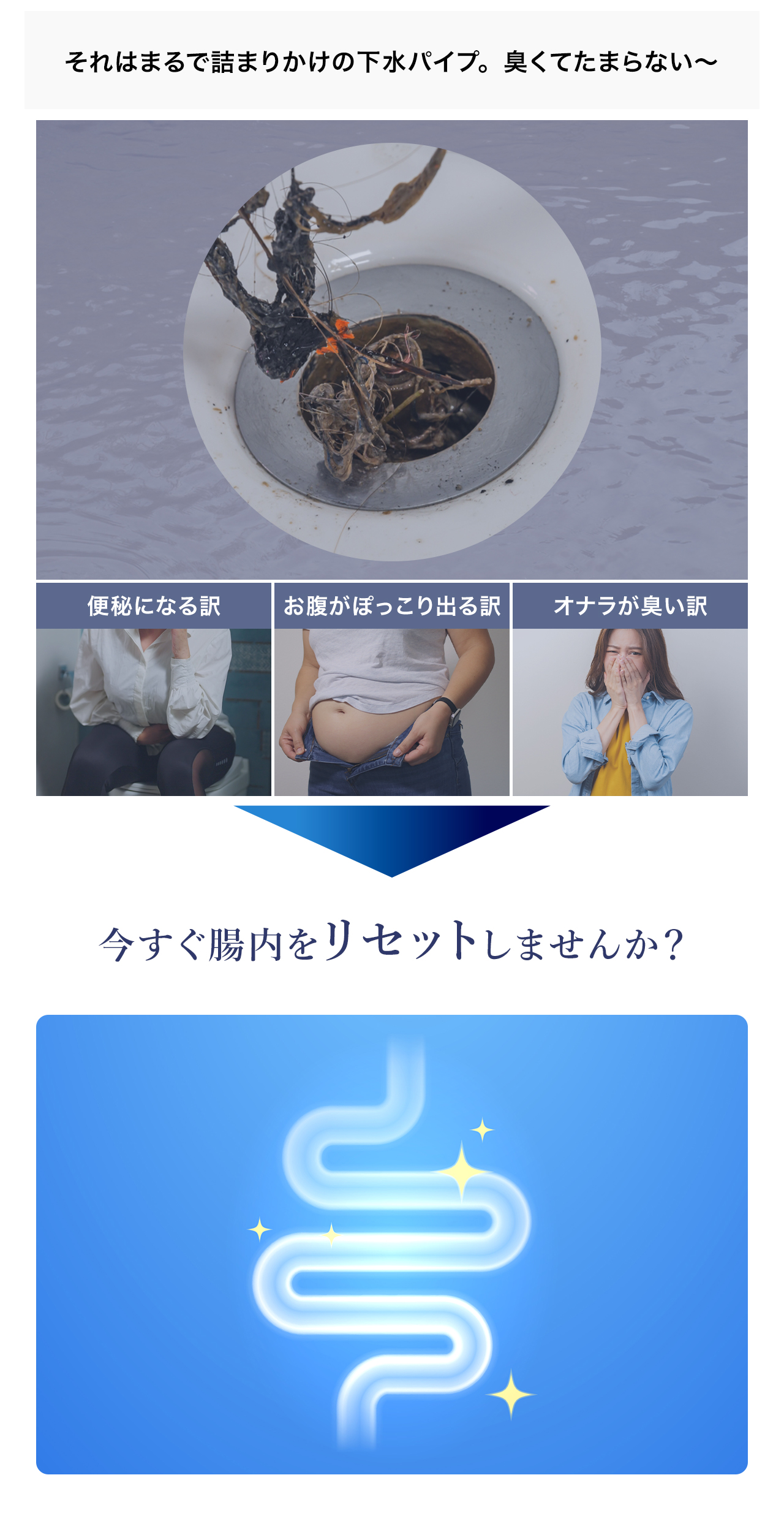 便秘、ポッコリお腹、オナラの臭いの原因となる腸内環境を改善するために、腸内リセット