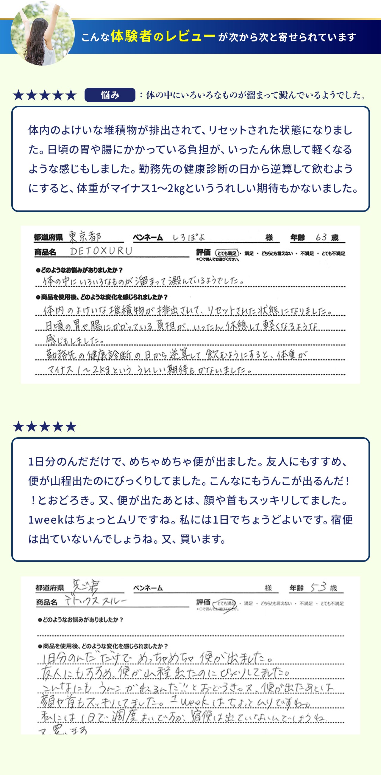 1件目のレビューでは、63歳の女性が、体内の余分な堆積物が排出され、リセットされたような状態になったと述べています。また、勤務先の健康診断の結果が楽しみだとコメントしています。2件目のレビューでは、53歳の女性が、1日分飲んだだけで大量の便が出て驚いたと述べています。また、便が出た後は顔や首もすっきりしたとコメントしています。