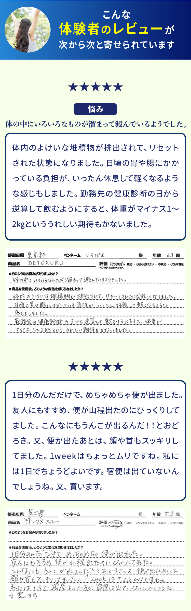 63歳女性は、体内の不要物が排出され体が軽くなったと実感し、1〜2kgの減量も期待しています。53歳女性は、1日分飲んだだけで大量の便が出て驚き、便通後の顔や首もすっきりしたと報告しています。